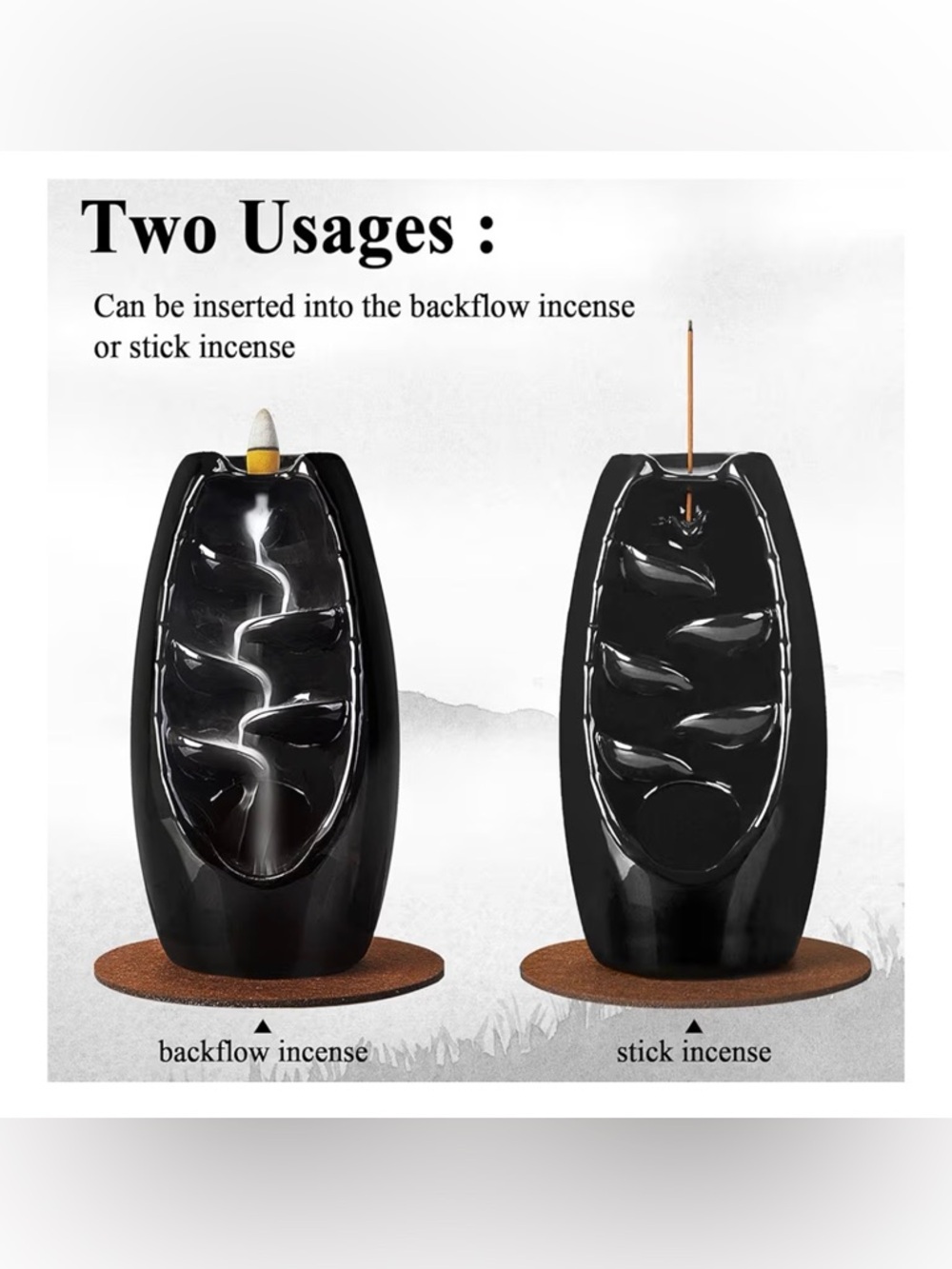 Black Ceramic Backflow Burner with Incense